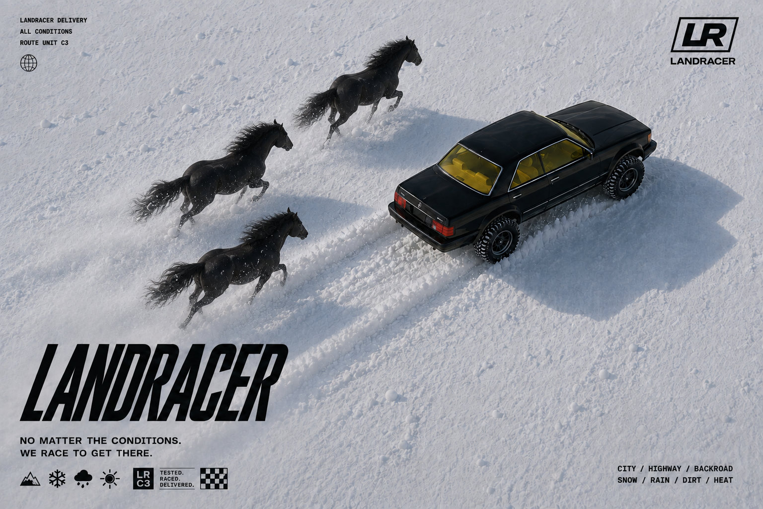 Three black horses run beside a black off-road coupe with yellow windows across a snowfield. The LANDRACER wordmark sits at the lower left and the LR insignia at the upper right.