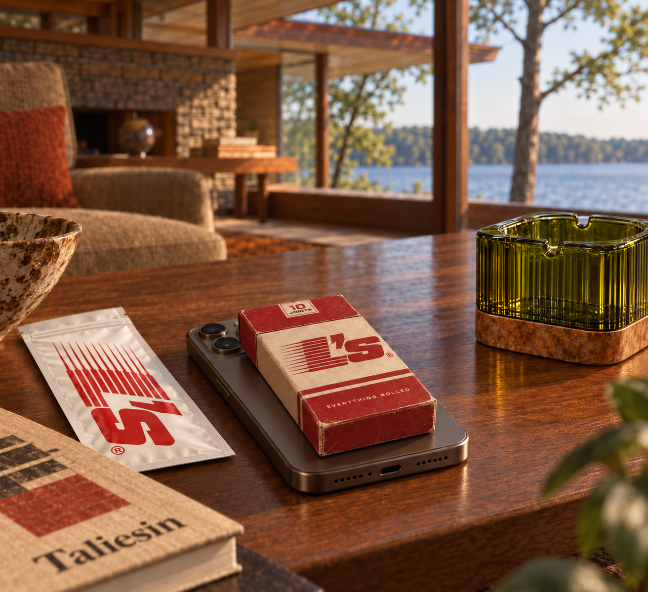 L’s in a sunlit lakeside room: the red-and-cream pack rests on a phone, a slim white and red L’s pouch lies on the wooden table, and an unbranded ribbed glass AshJar sits upside down on its lid.